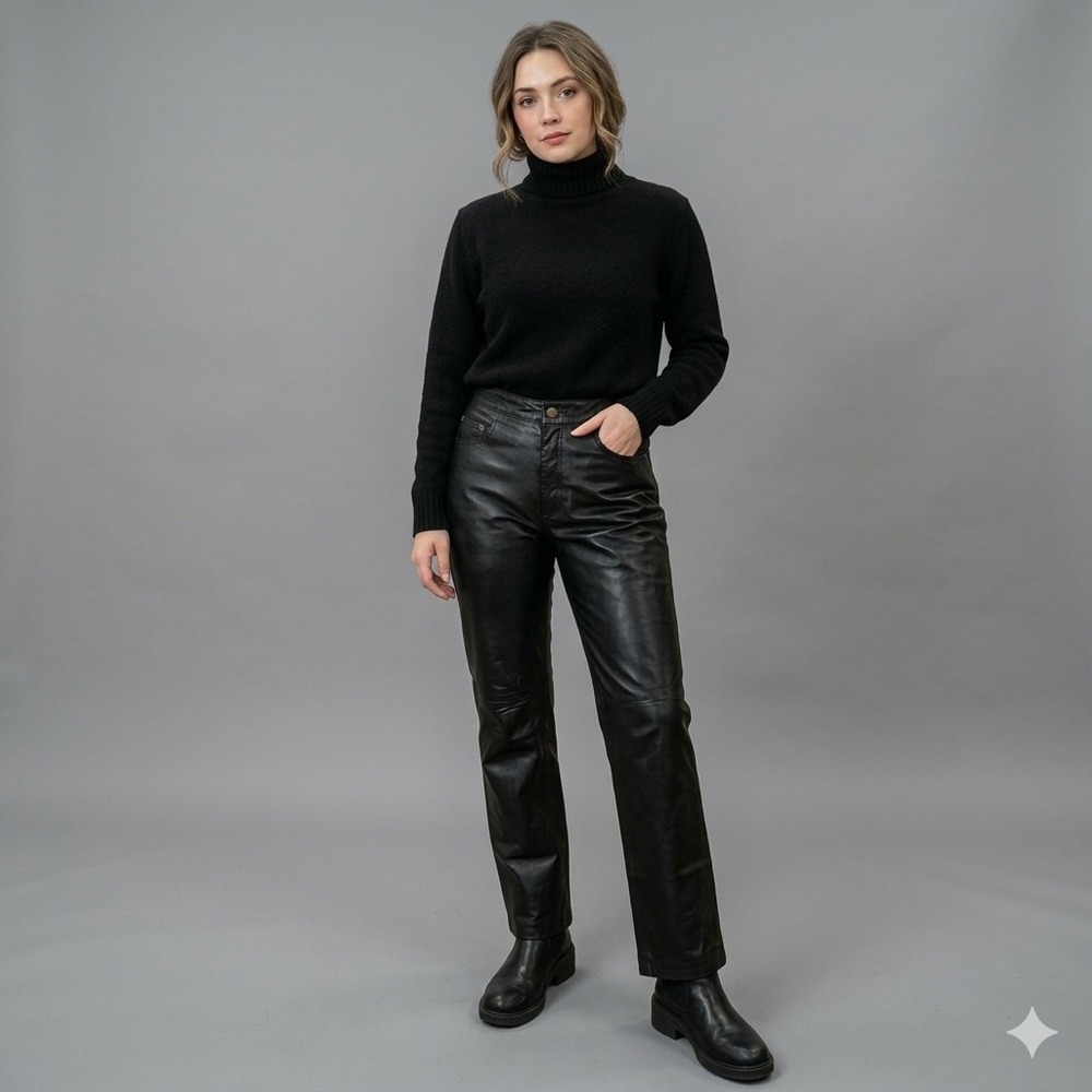 VTG NY JEANS Genuine Black Leather Pants Straight Leg Size 6 90s‎ Mob Wife Biker